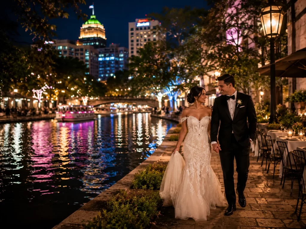 Couple celebrating wedding night beside the San Antonio River Walk