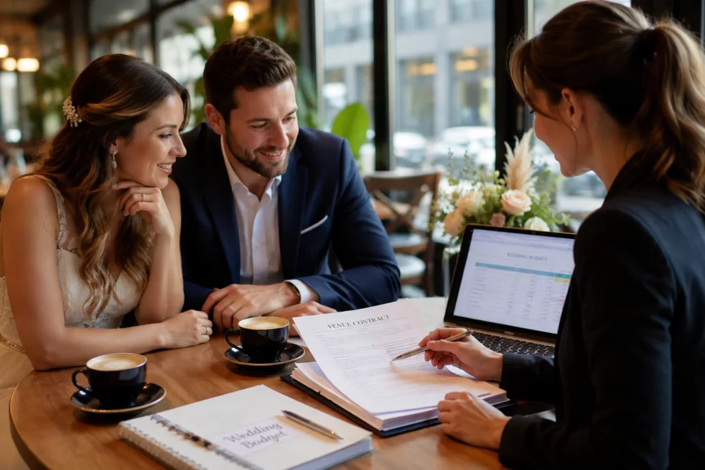 Couple reviewing wedding venue contracts with a planner