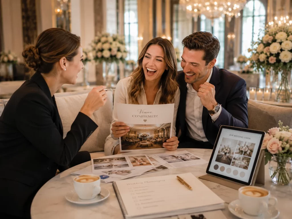 Couple celebrating after booking the perfect wedding venue