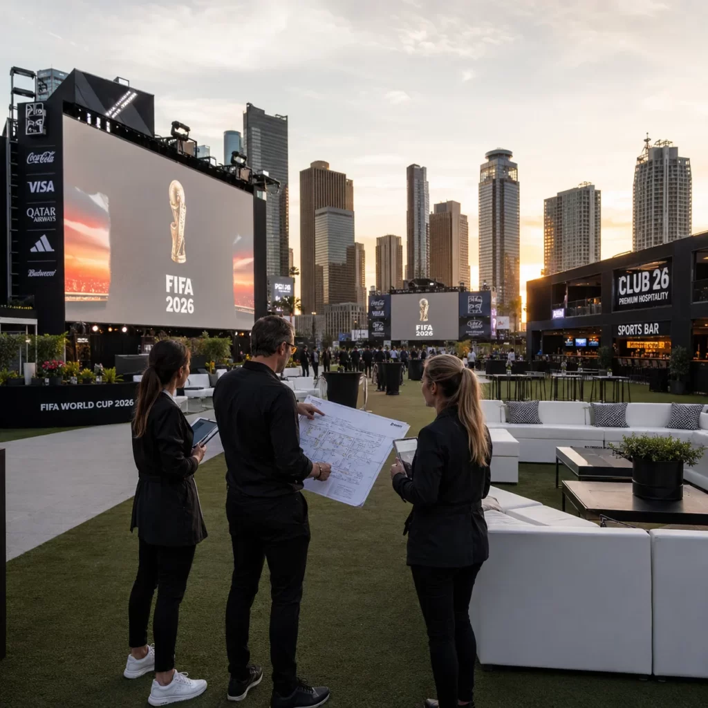 Event planners inspecting a FIFA 2026 outdoor venue setup