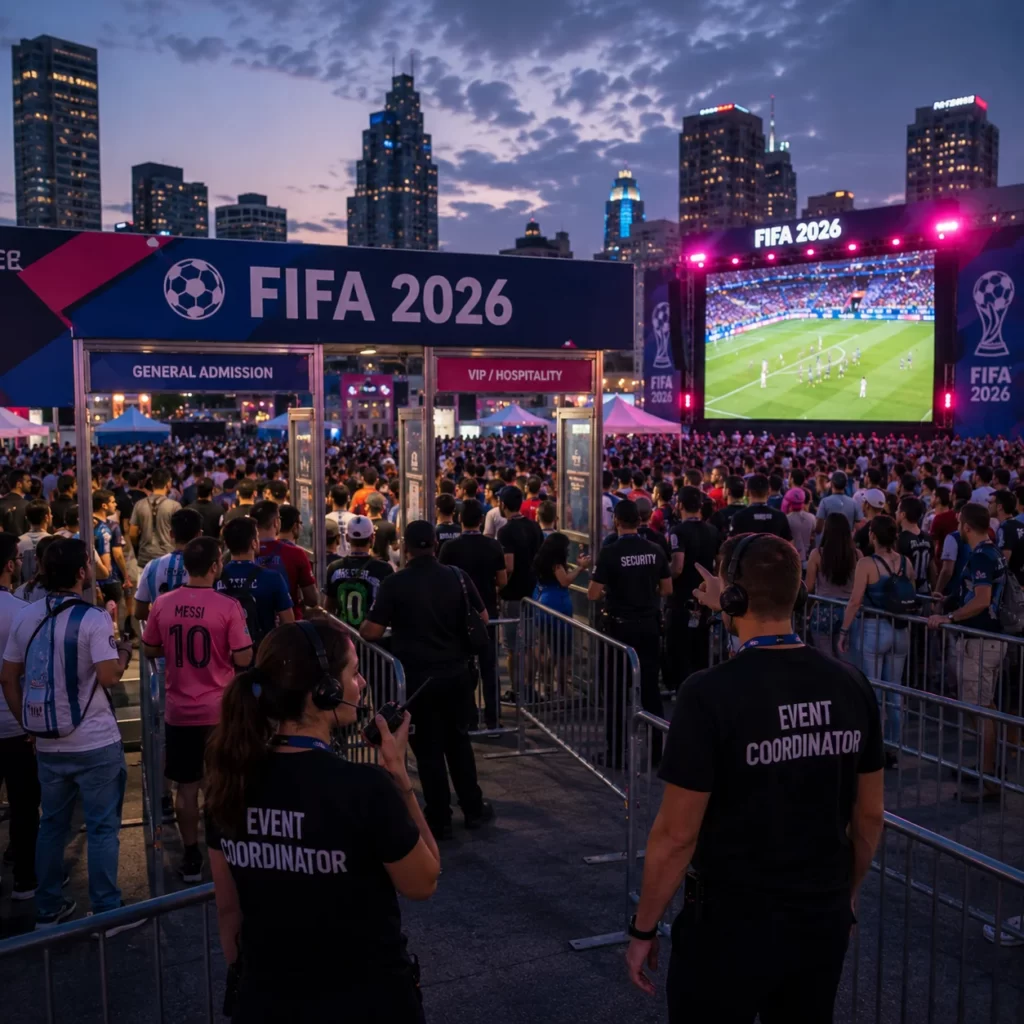 Large FIFA 2026 fan meetup with organized crowd control and event staff