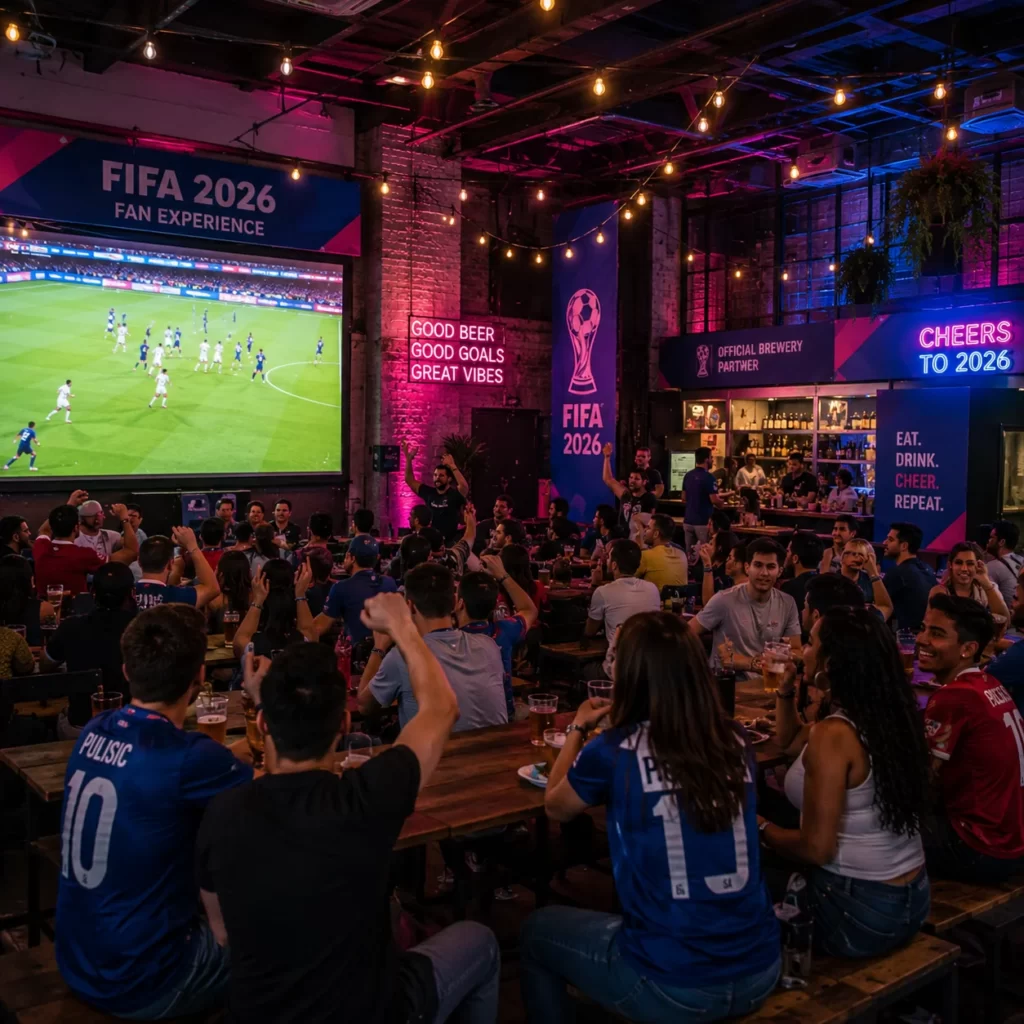 Stylish brewery watch party during FIFA 2026 with sports fans and branded event setup