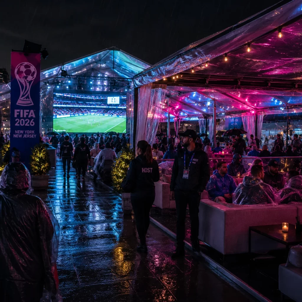 Premium FIFA 2026 fan zone with covered weatherproof setup during rain