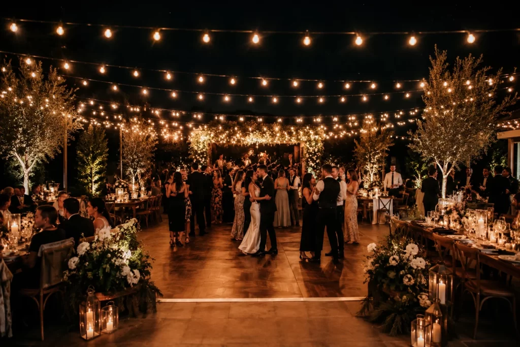 Outdoor wedding dance floor with guests dancing under string lights at night