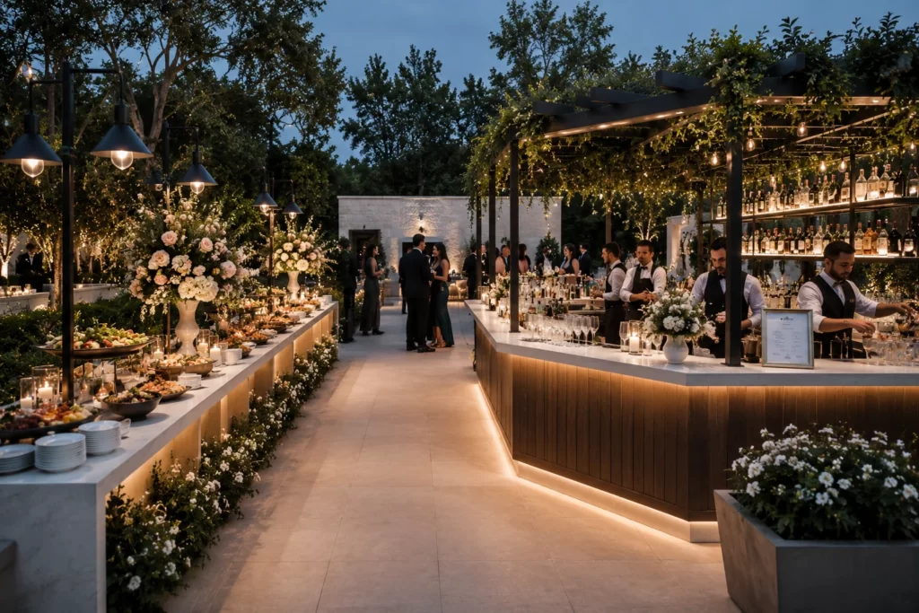 Luxury outdoor buffet and cocktail bar setup for large outdoor celebration