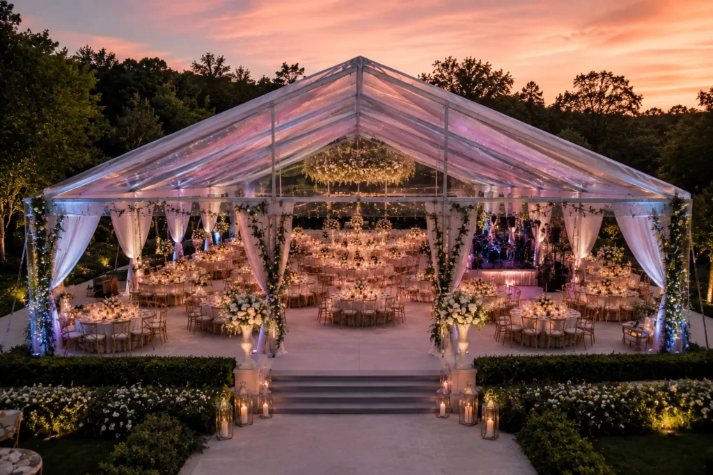 Large luxury outdoor event tent setup with elegant wedding reception inside