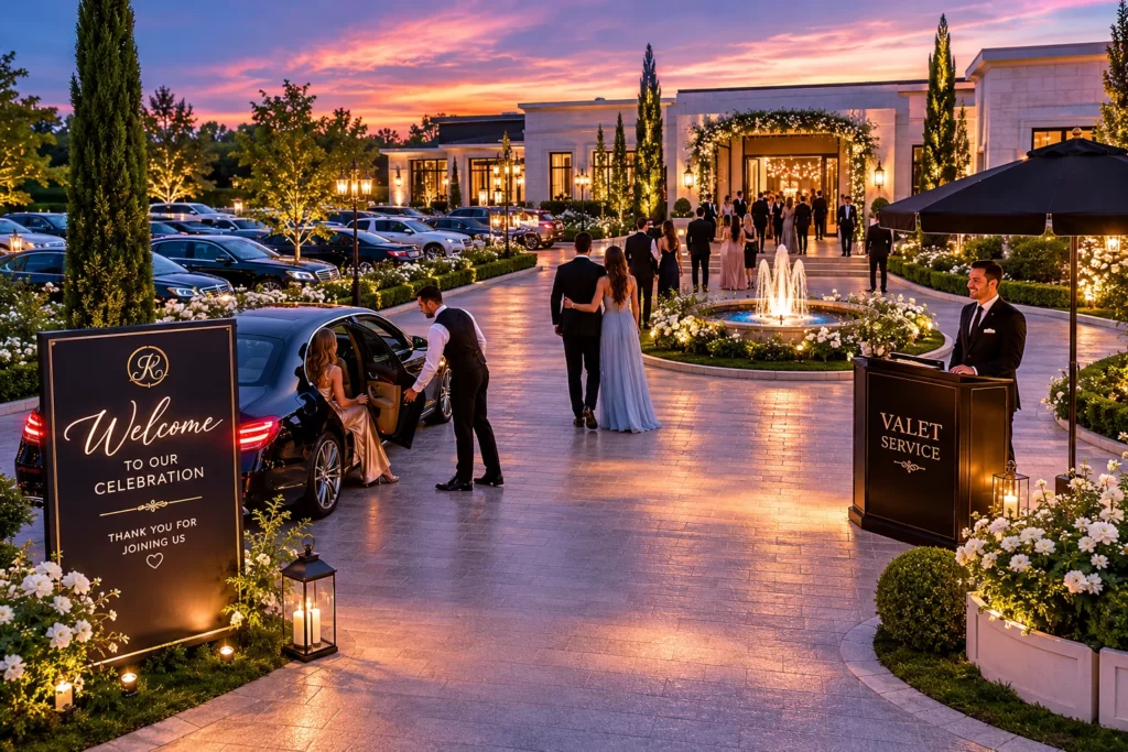 Outdoor event venue parking and valet setup for wedding guests