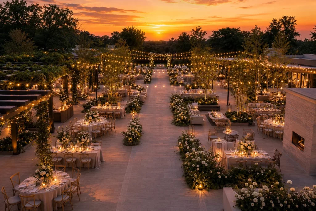 Beautiful outdoor event venue at sunset prepared for elegant celebration with 100 guests