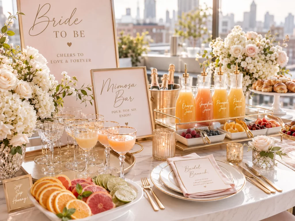 Elegant champagne brunch bridal shower with mimosa bar and luxury decor