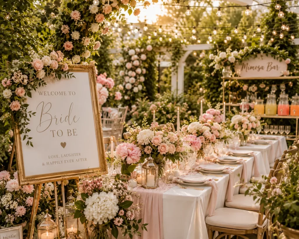 Outdoor garden bridal shower with floral decor and elegant tablescape