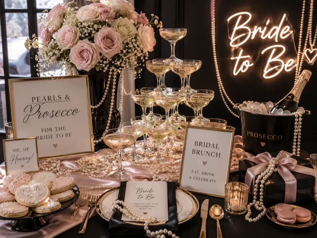Luxury pearls and prosecco bridal shower setup with champagne and pearl decor