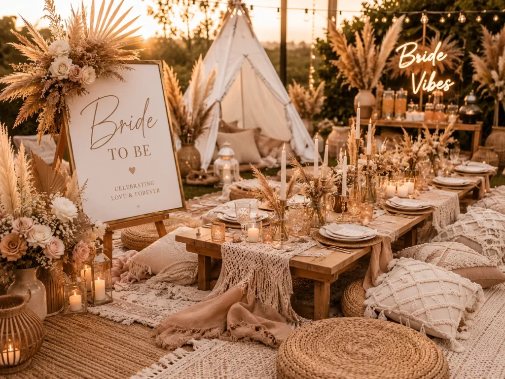 Boho bridal shower picnic setup with pampas grass and neutral decor