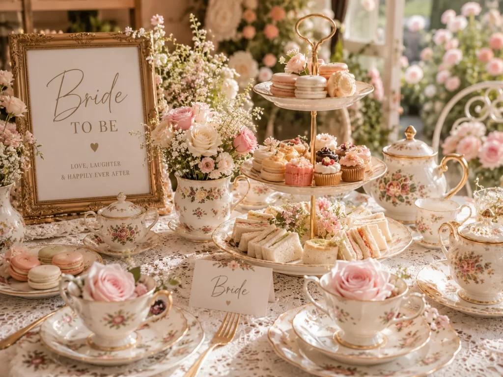 Vintage afternoon tea bridal shower with elegant desserts and floral decor