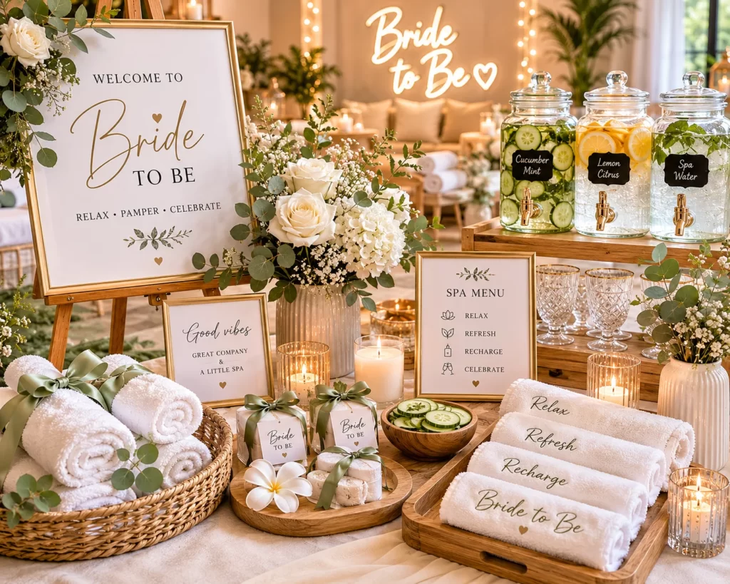 Luxury spa and wellness bridal shower setup with calming decor