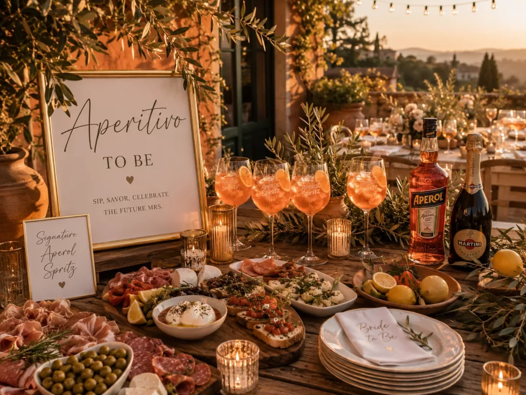 Italian aperitivo bridal shower with cocktails and rustic Mediterranean decor