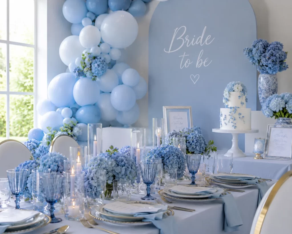 Something blue bridal shower decor with blue florals and elegant styling