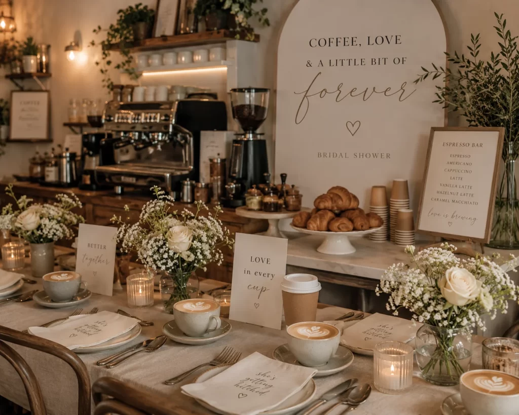 Coffeehouse bridal shower with espresso bar and cozy brunch decor
