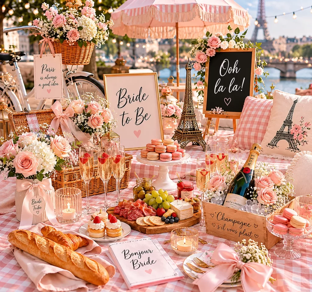 Parisian picnic bridal shower with French-inspired decor and pastries