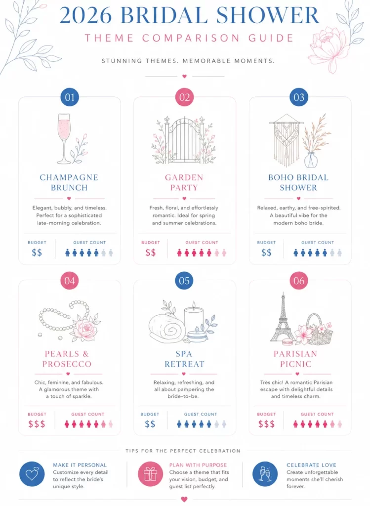 Infographic comparing popular bridal shower themes and budgets for 2026