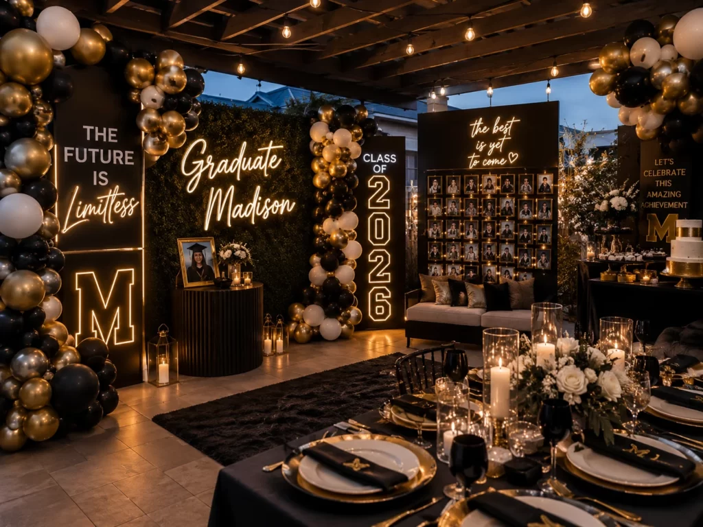 Personalized graduation party decor ideas with memory wall and neon signs