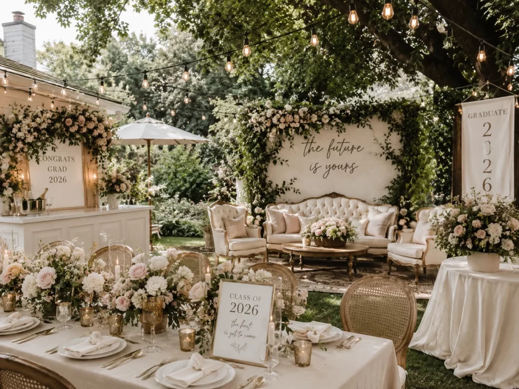 Garden-inspired graduation party with pastel decor and outdoor brunch styling
