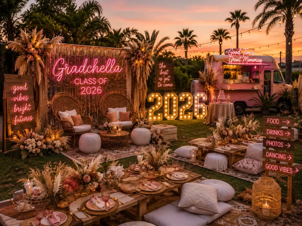 Gradchella graduation party theme with boho outdoor festival decor