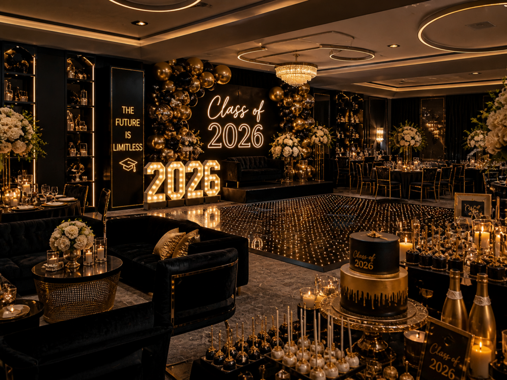 Luxury black and gold graduation party decor with LED dance floor