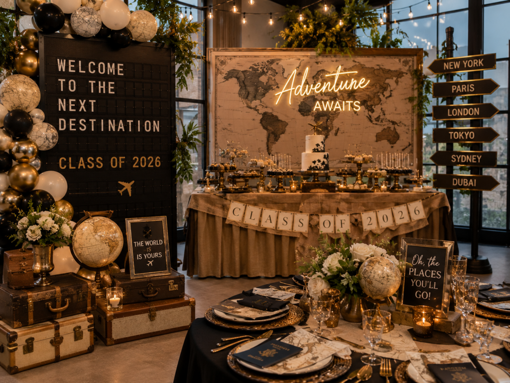 Travel-themed graduation party decor with passport and airport-inspired styling