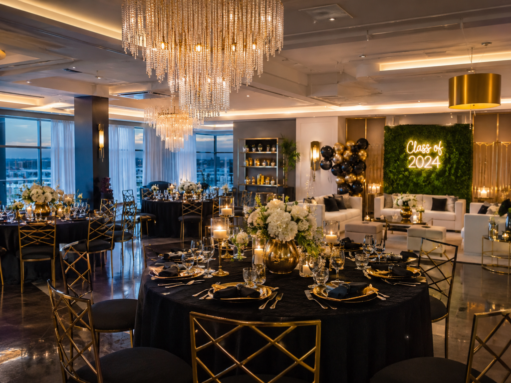 Luxury Maryland graduation party venue with modern banquet hall decor
