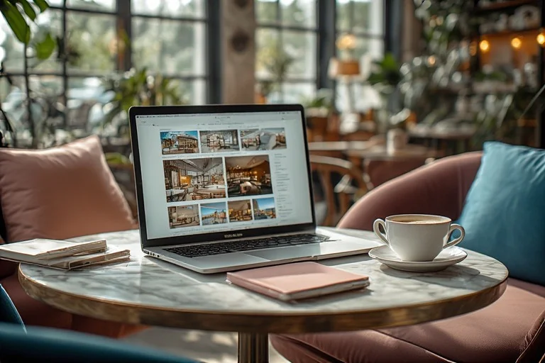 Luxury event venue browsing setup with laptop displaying wedding and corporate venue inspiration