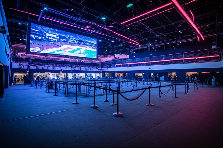 Safe and organized sports watch party venue with crowd barriers and emergency access routes