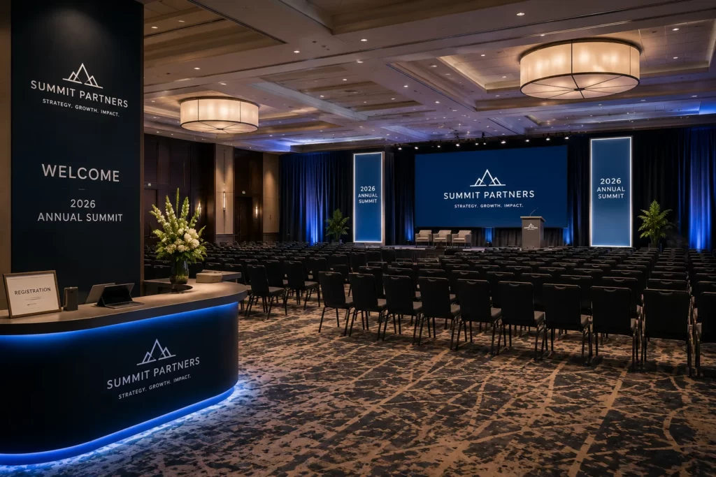 Medium-sized corporate event venue and conference setup