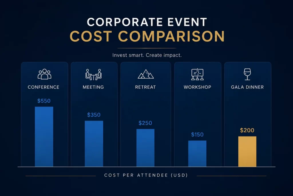 Corporate event attendee cost comparison by event size