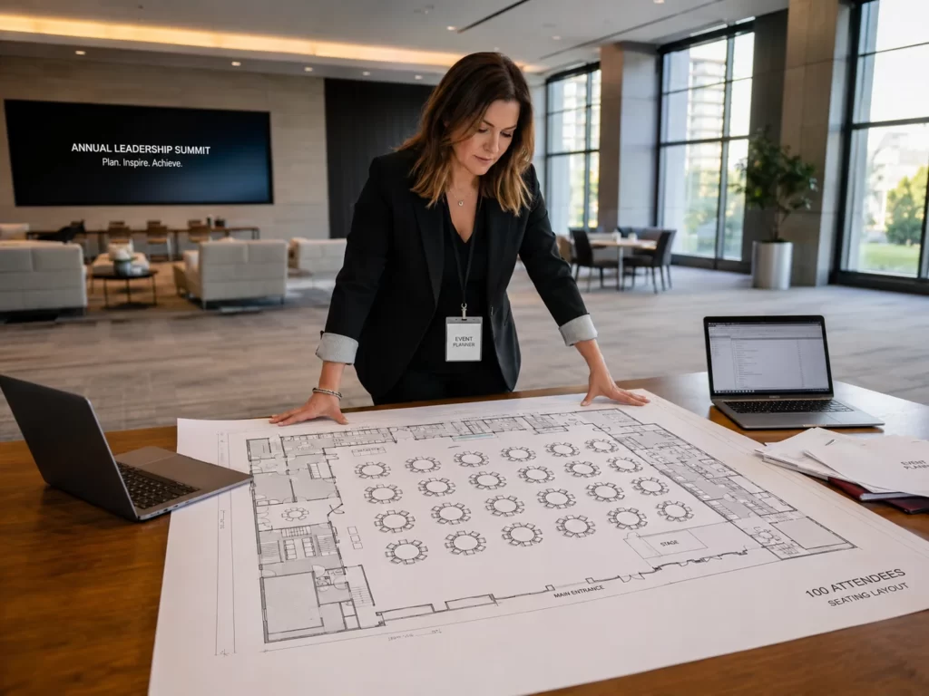 Meeting planner reviewing venue floor plans and seating layouts for a 100-person corporate event