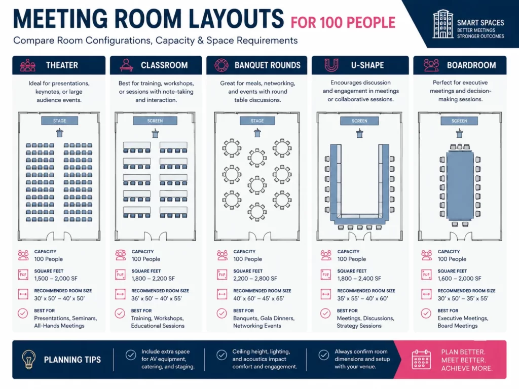 Comparison chart showing meeting room layouts and square footage requirements for 100 attendees