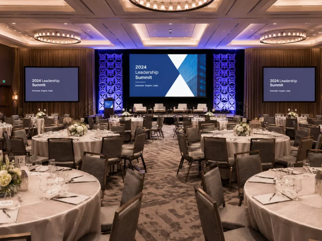 Corporate banquet and cabaret seating layout with round tables facing a presentation stage