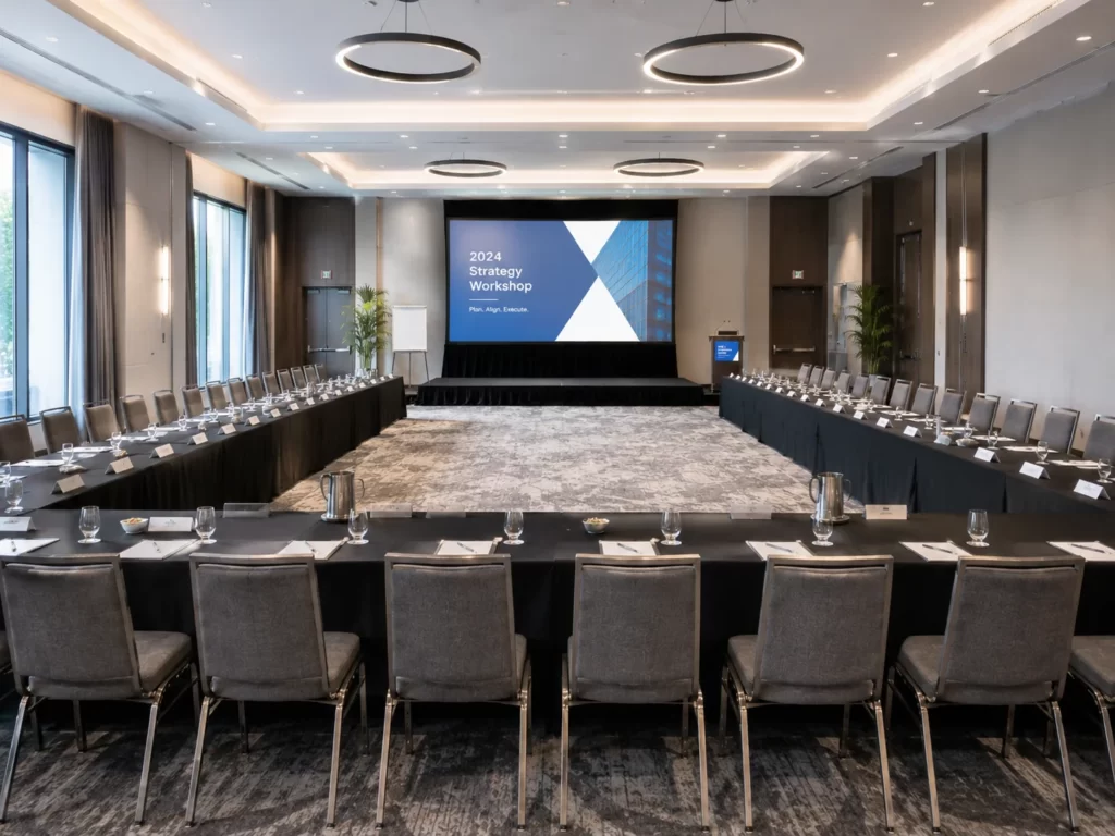 Large U-shape meeting room setup for executive workshop with presentation screen and collaborative seating