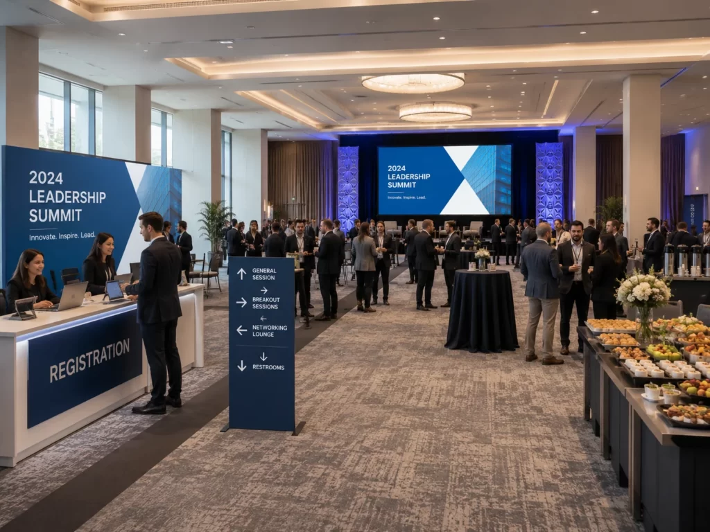 Corporate conference venue showing registration area, presentation stage, catering station, and attendee circulation space