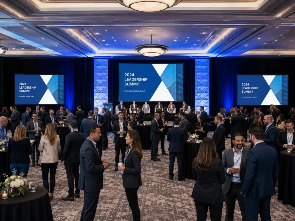 Successful corporate conference with attendees networking in a spacious, well-planned meeting venue