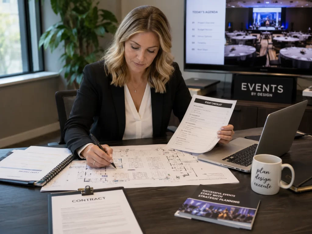 Corporate event planner reviewing venue checklist and floor plan before booking a conference space