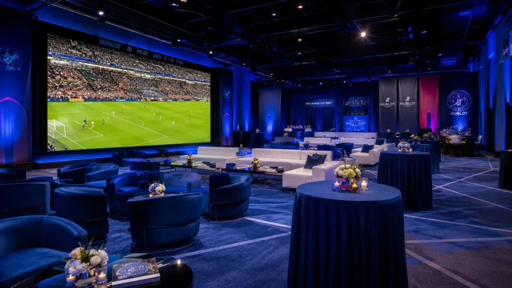 World Cup 2026 watch party venue with giant LED screen and seating for 100 guests
