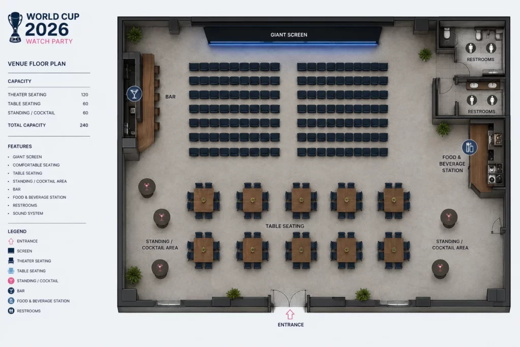 Different seating layouts for a World Cup 2026 watch party including theater, banquet, and cocktail arrangements