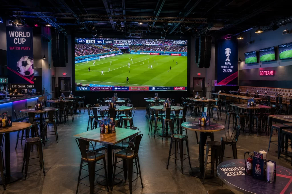 Large LED video wall and professional audio setup for a World Cup 2026 viewing party