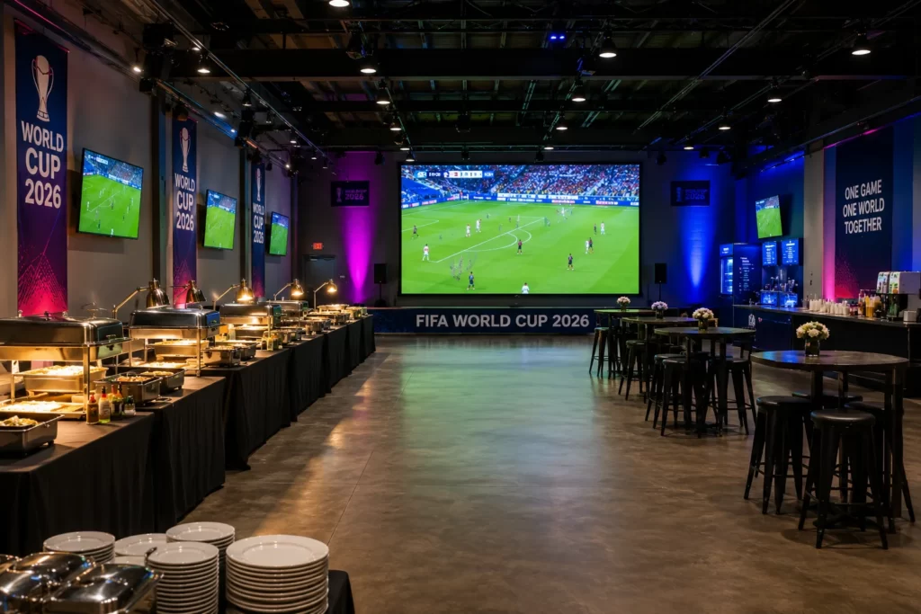 Sports watch party buffet station with appetizers, wings, sliders, and drinks arranged for 100 guests