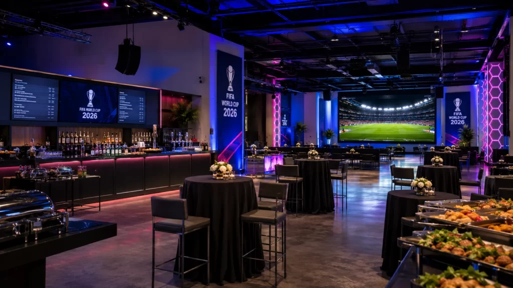 Professional event setup with bar stations and service counters for a sports watch party