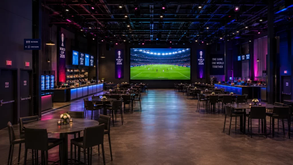 Sports event venue with large LED screen and clearly marked safety exits