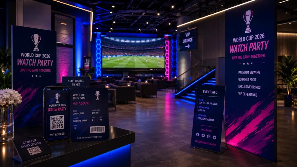 Digital ticketing and promotional materials for a World Cup 2026 watch party