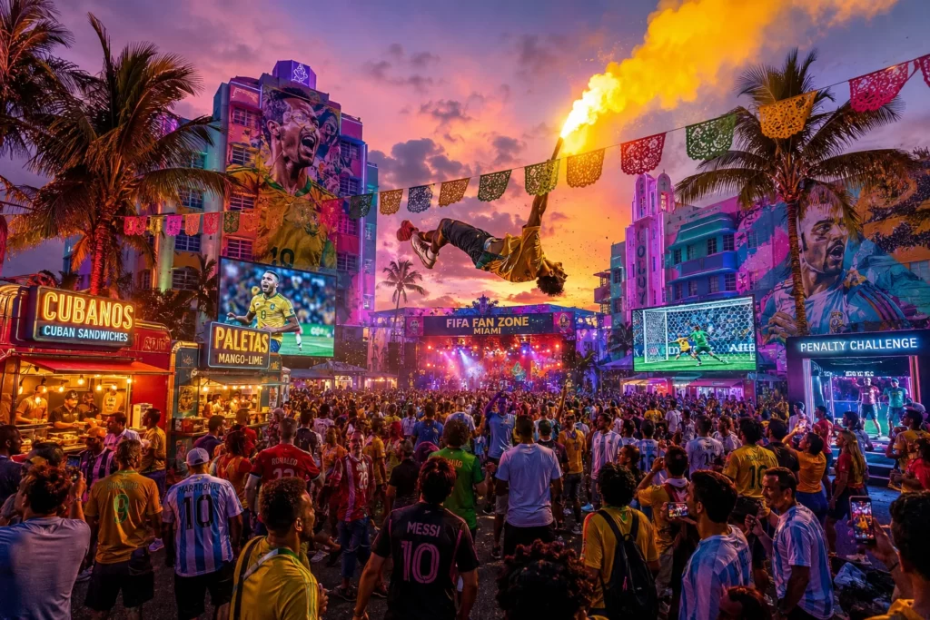 Interactive fan zone with food trucks and entertainment at a FIFA watch party
