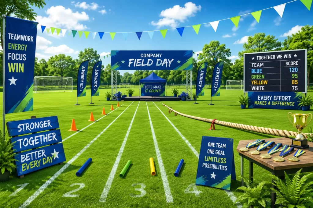 Corporate Olympics field day setup with relay races and sports equipment.