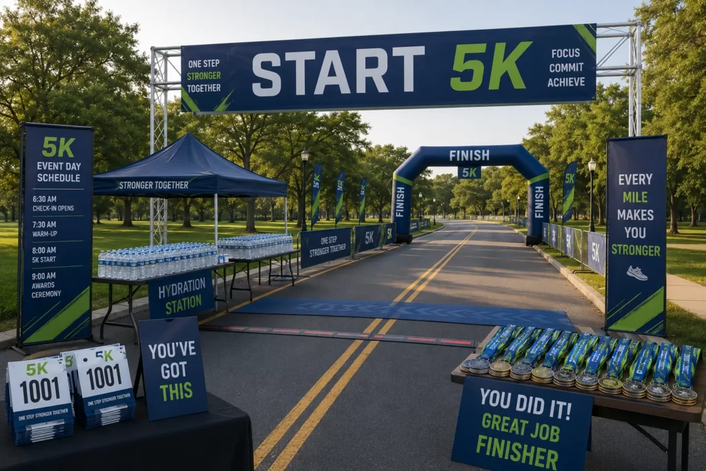 Charity fun run setup for corporate employee engagement events.